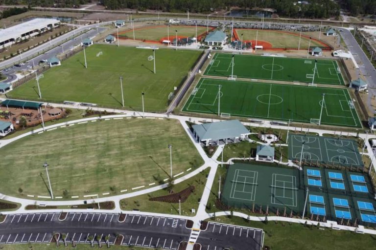Aerial view of outdoor pickleball courts at Corkscrew Island Naples FL