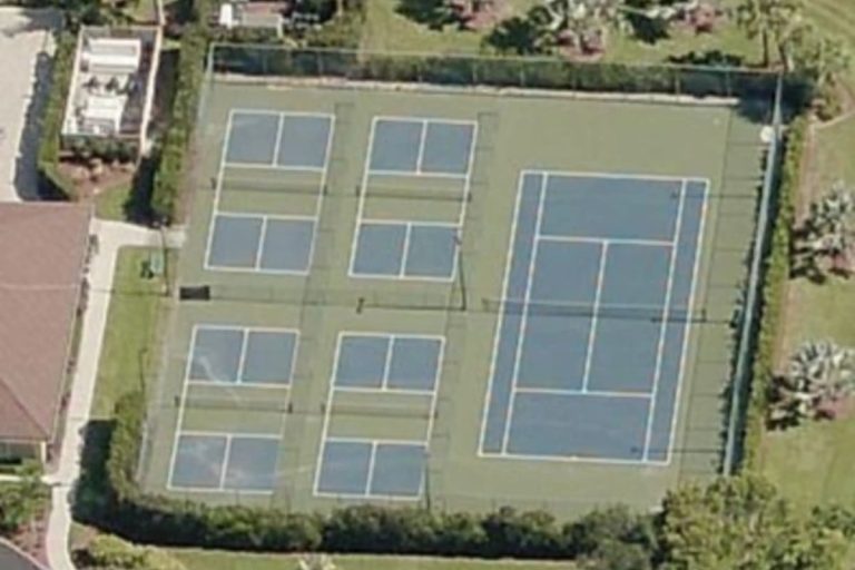 Aerial outdoor pickleball view at Pelican Lake Motorcoach Resort in Naples FL