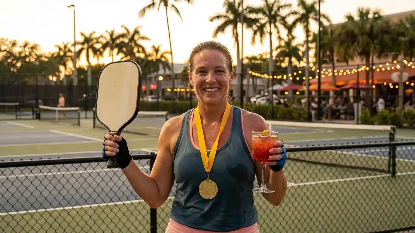 Pickleball player wearing a medal and holding a drink on a court at sunset